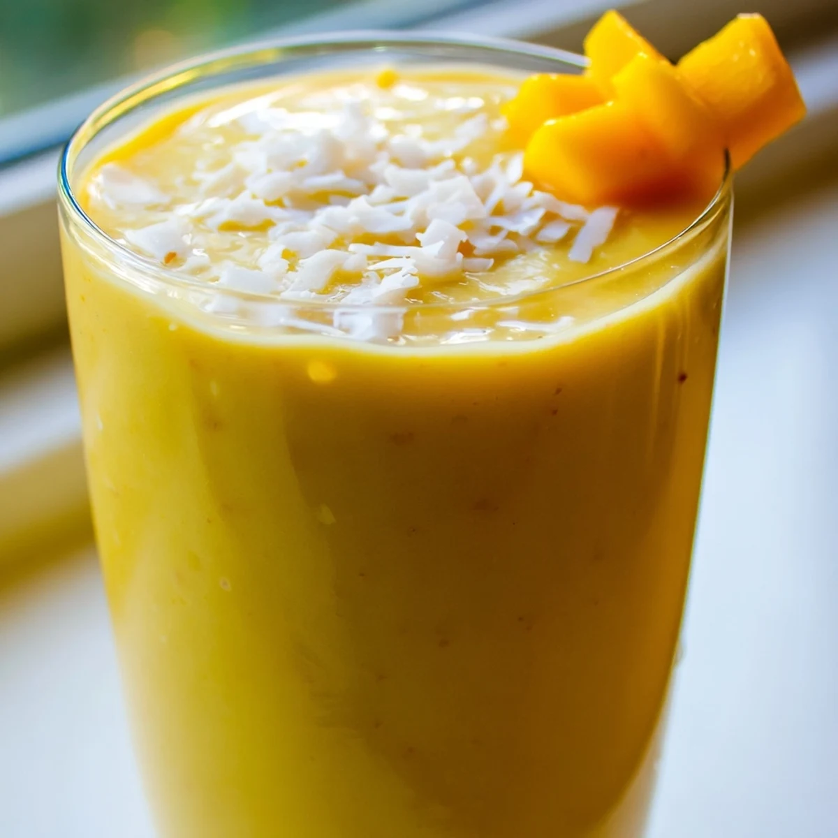 Golden pineapple mango coconut smoothie served chilled with fresh tropical fruit garnish