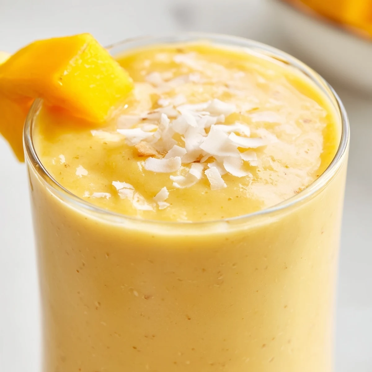 Thick pineapple mango coconut smoothie poured into two glasses on a sunny countertop