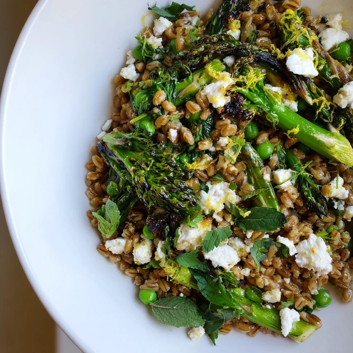 Warm farro and roasted spring greens salad drizzled with zesty lemon dressing on a rustic platter