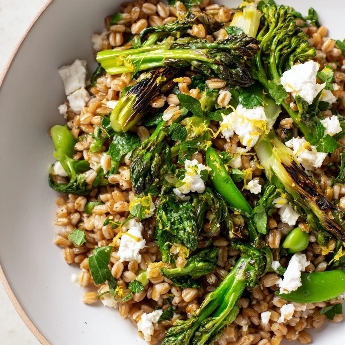 Golden roasted asparagus and broccolini nestled atop warm farro and roasted spring greens with crumbled feta
