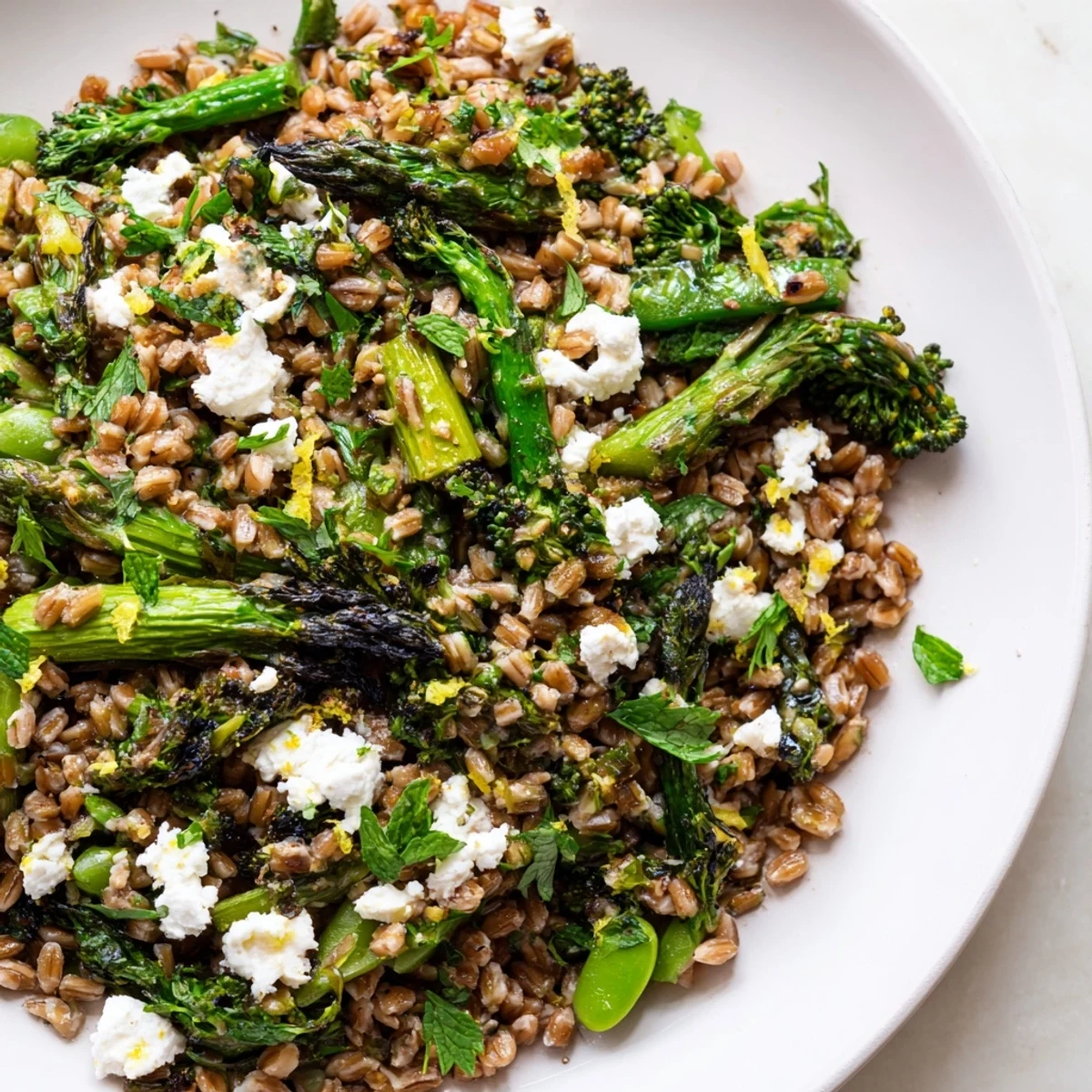 Steaming bowl of warm farro and roasted spring greens garnished with fresh herbs and lemon zest