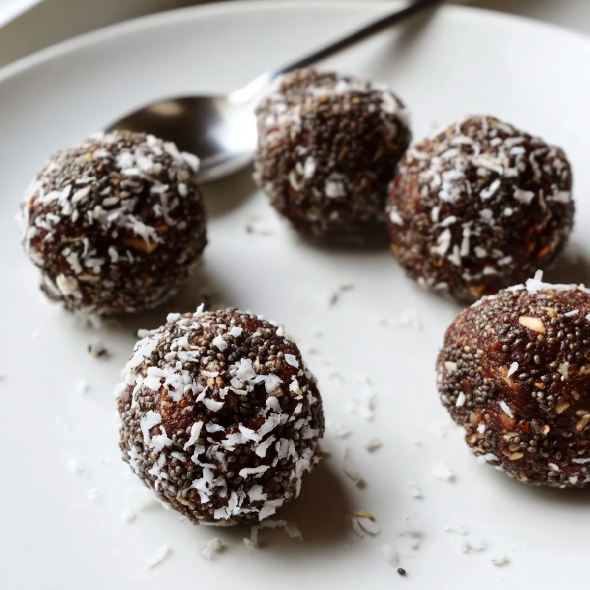Dark Cocoa Almond Coconut Chia Bliss energy bites arranged on parchment paper
