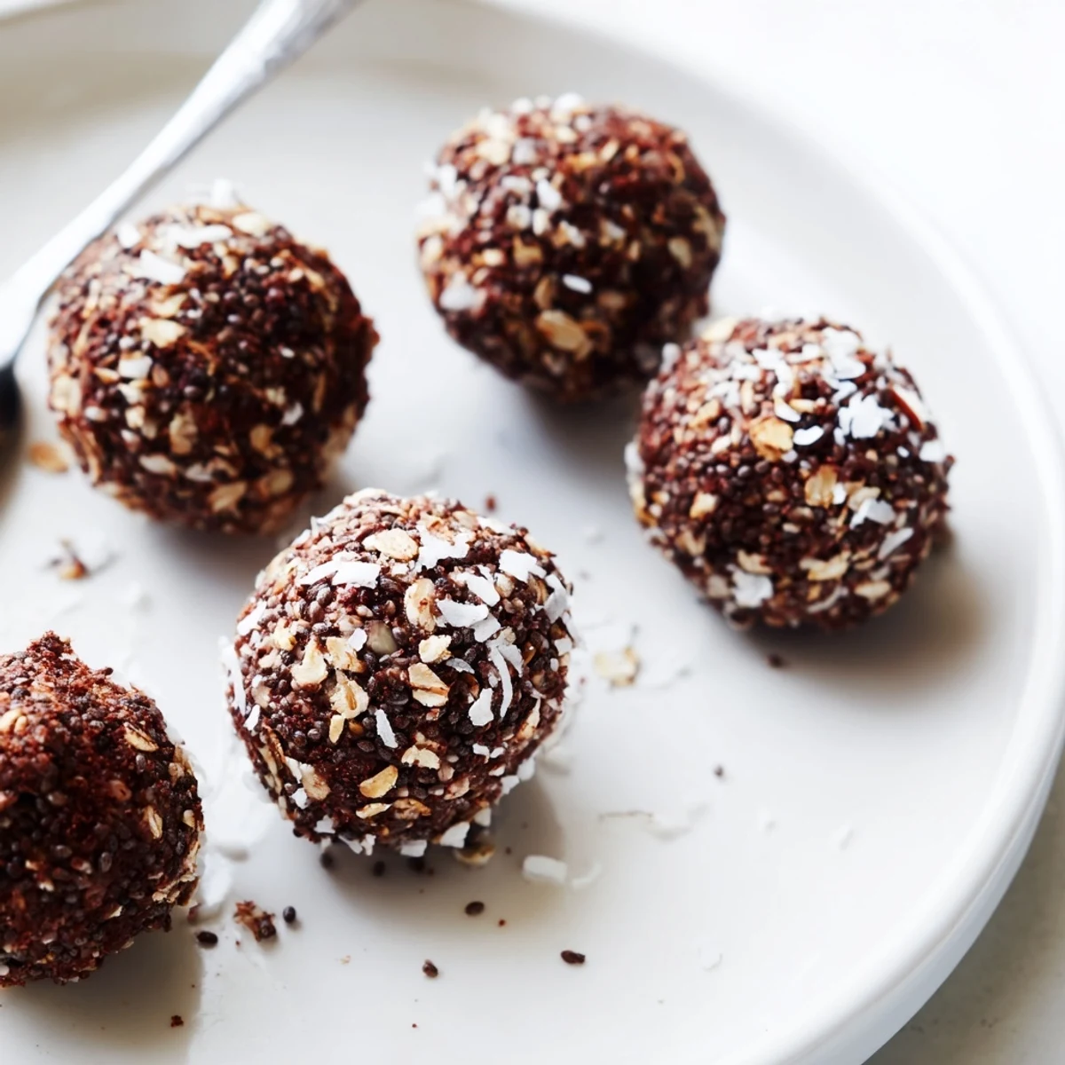 Fudgy Cocoa Almond Coconut Chia Bliss balls coated in shredded sweet coconut