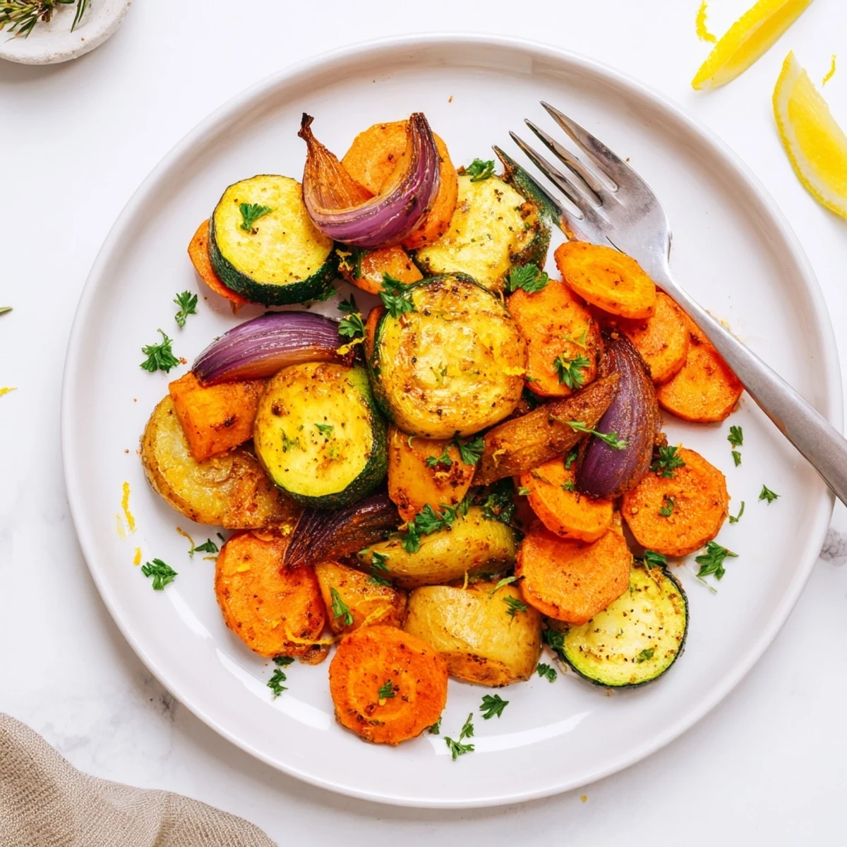 Smoky roasted carrot and zucchini medley with golden caramelized edges on parchment paper
