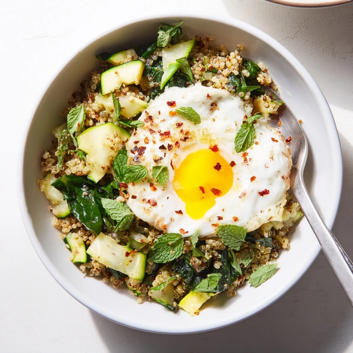 Savory Zucchini and Mint Quinoa Breakfast Bowl topped with a golden fried egg