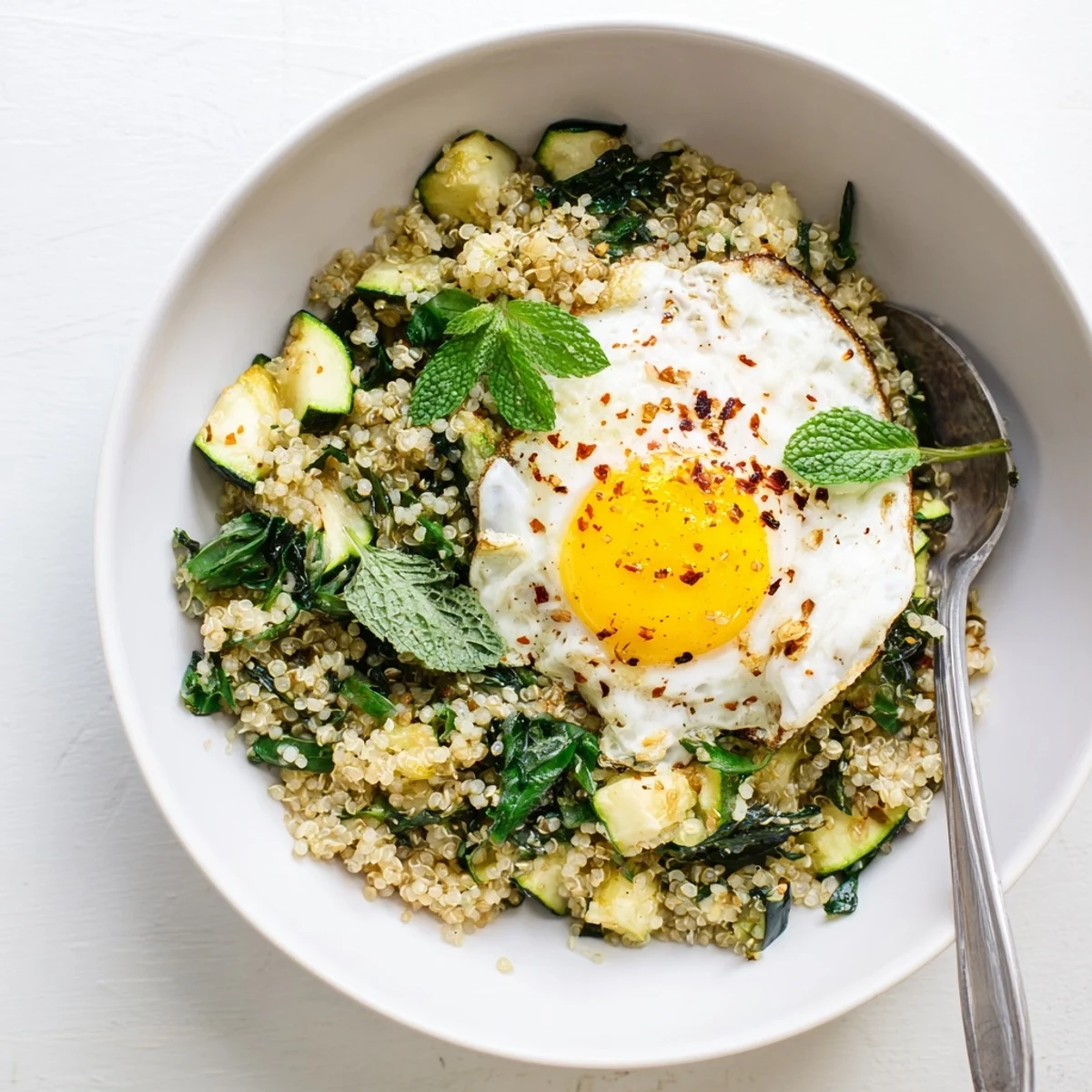 Bright herbed quinoa tossed with sautéed zucchini, fresh mint, and wilted spinach in a rustic bowl