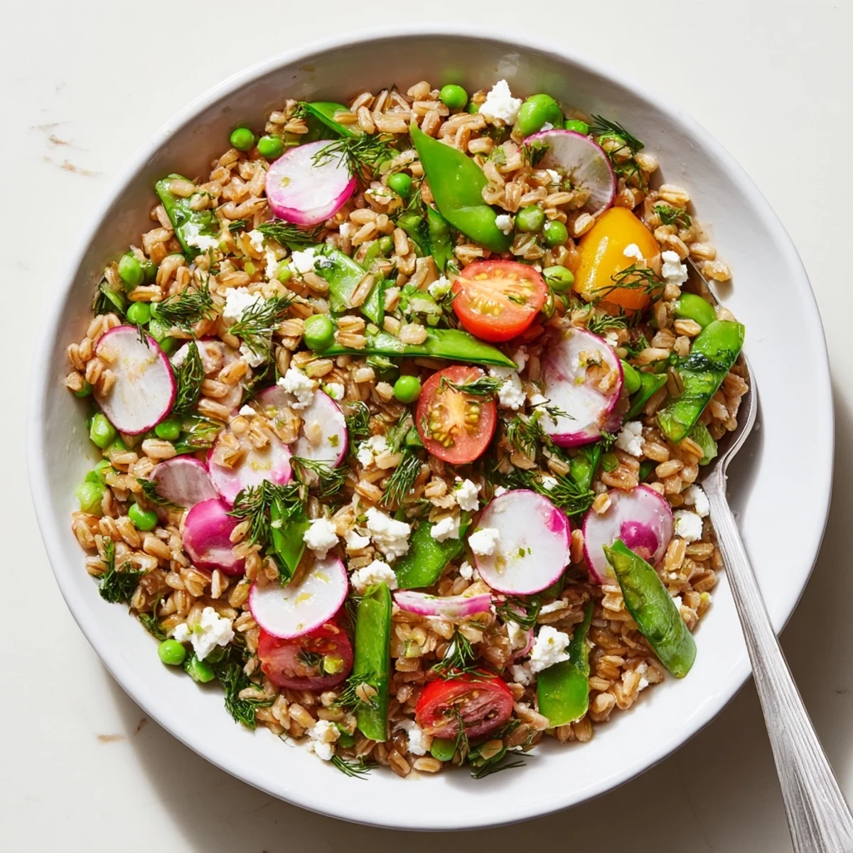 Bright citrus herb farro and snap pea bowl topped with crumbled feta and fresh herbs