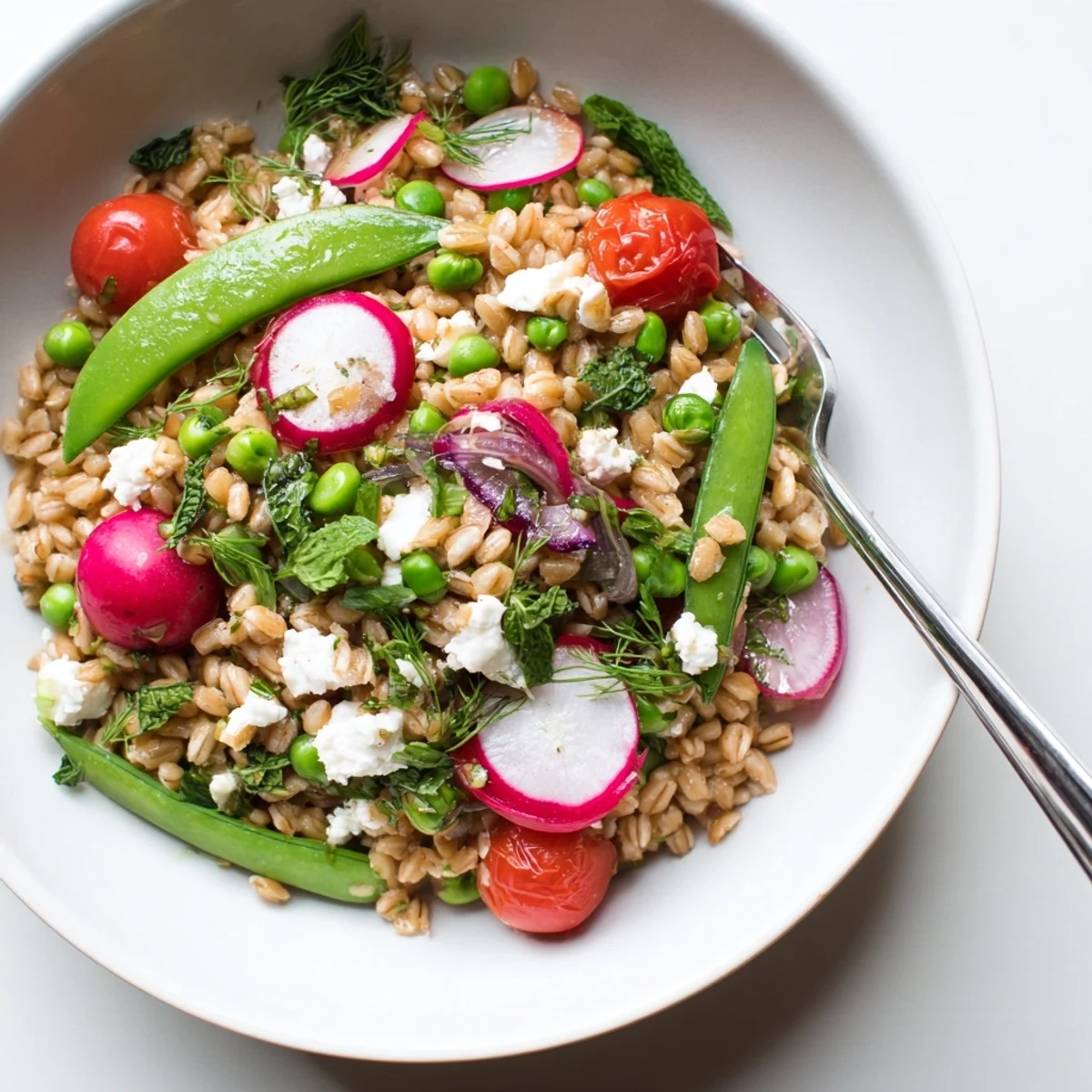 Citrus herb farro and snap pea bowl drizzled with zesty lemon orange vinaigrette