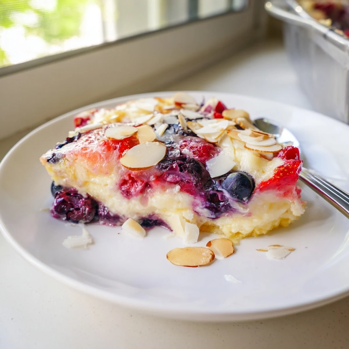Warm vanilla coconut berry bake topped with toasted coconut flakes and plump berries