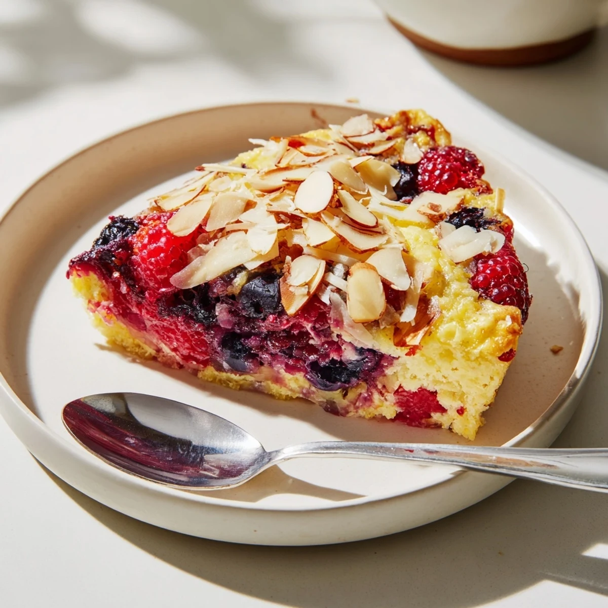 Golden vanilla coconut berry bake bubbling with juicy mixed berries in a rustic dish