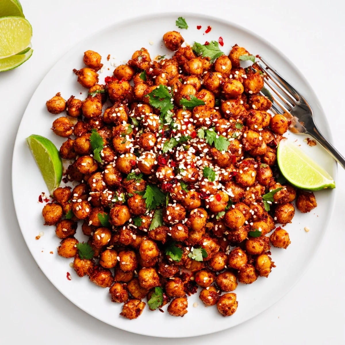 Golden crispy chili sesame chickpea bites roasted with toasted sesame seeds on parchment paper