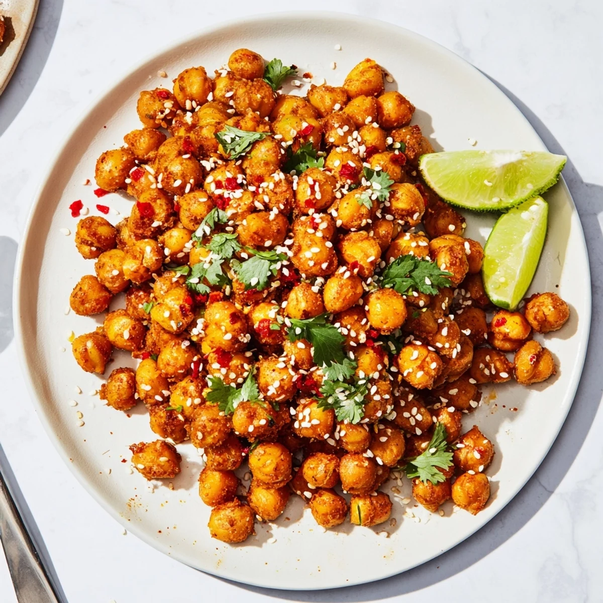 Crispy chili sesame chickpea bites garnished with fresh cilantro and zesty lime wedges