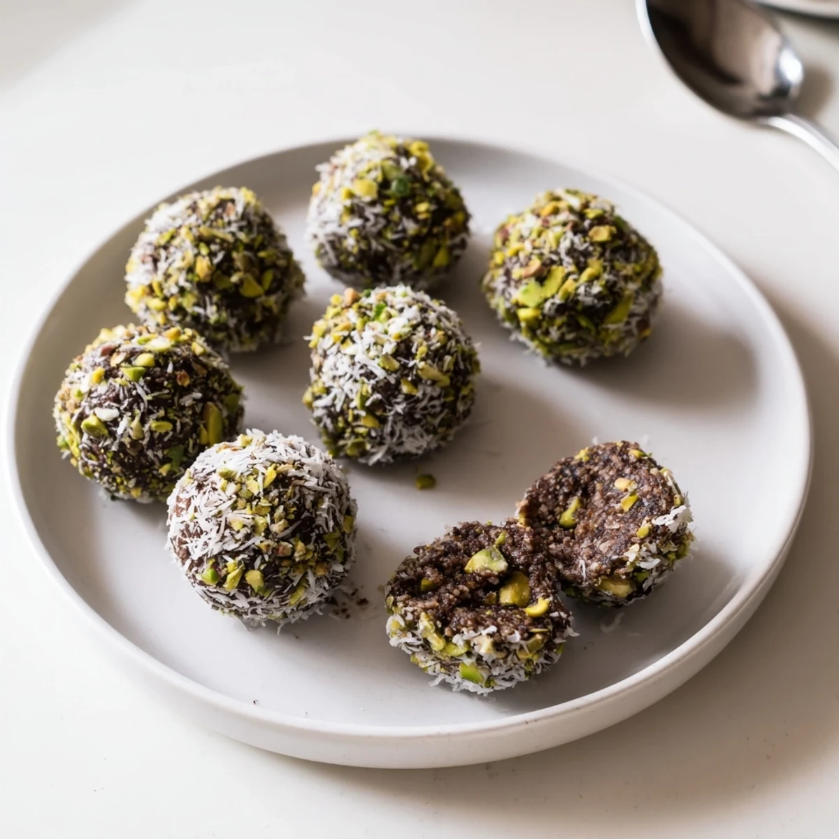 Dark Cocoa Pistachio Coconut Chia Bliss balls rolled in crushed green pistachios on parchment paper.