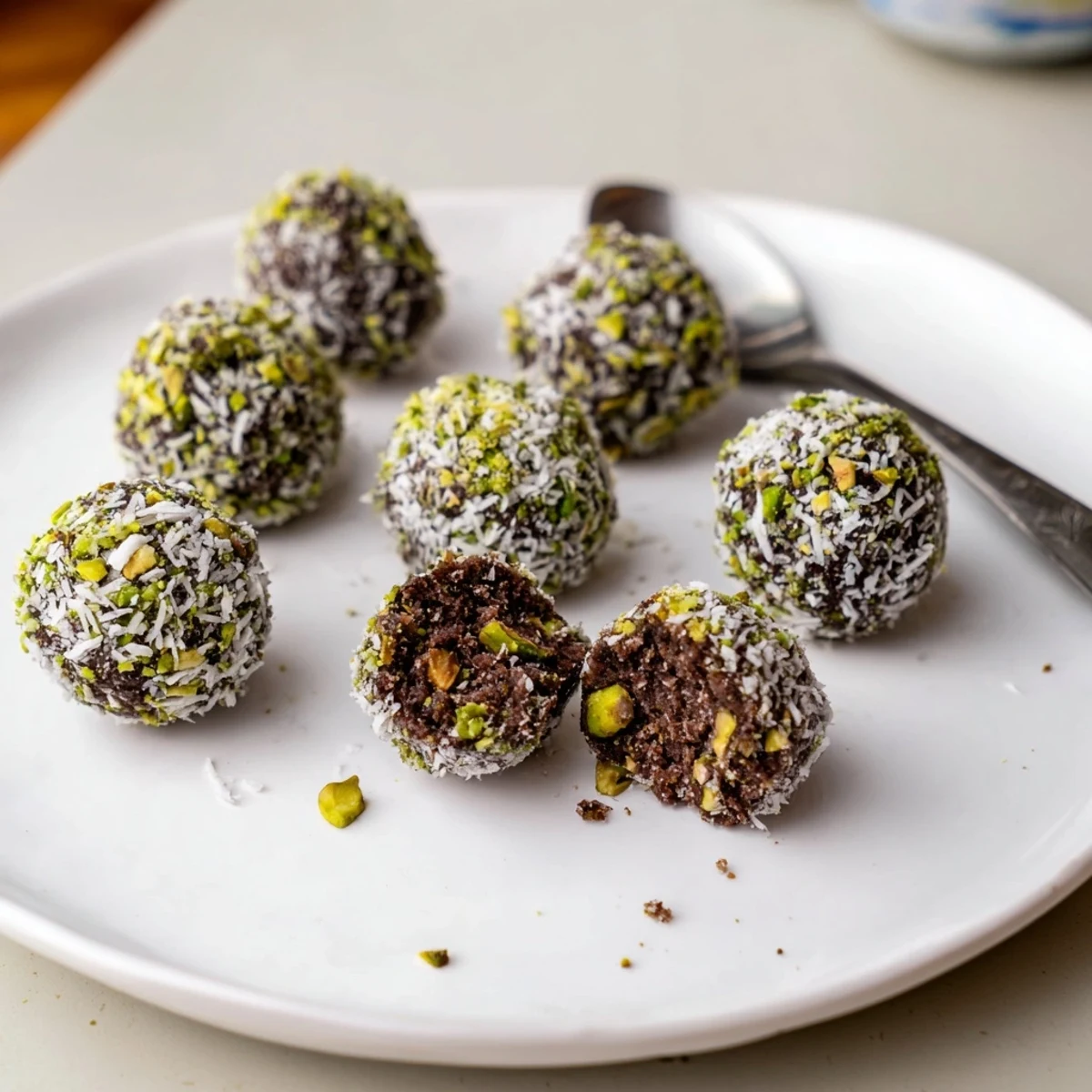 Fudgy Cocoa Pistachio Coconut Chia Bliss bites dusted with coconut and stacked on a rustic plate.