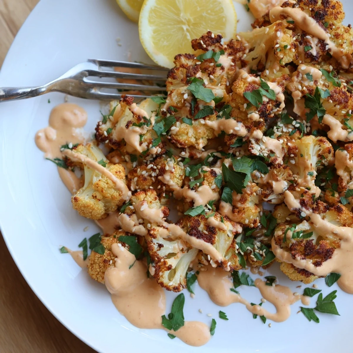 Golden roasted cauliflower with spicy tahini drizzle topped with sesame seeds and parsley