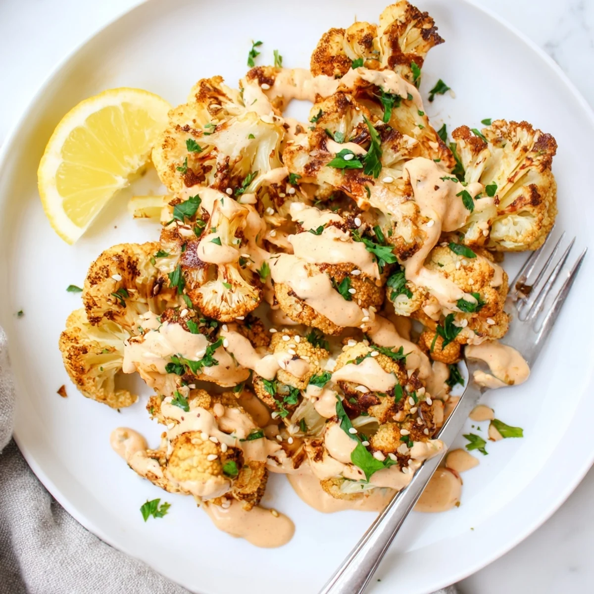 Crispy caramelized cauliflower florets smothered in creamy spicy tahini on a rustic platter