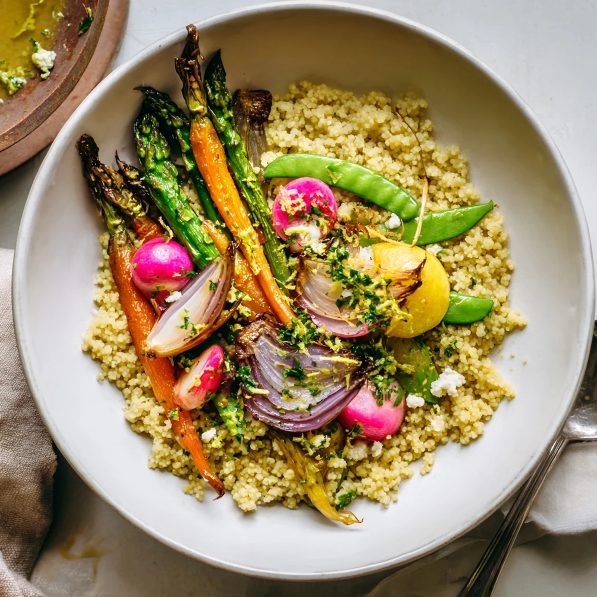Golden bowl of warm millet and roasted spring vegetables with fresh herbs and lemon zest
