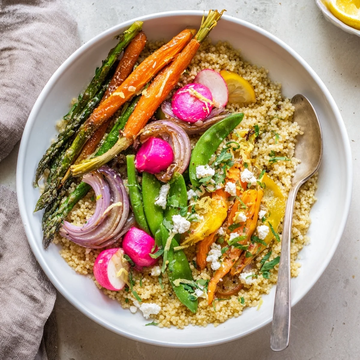 Fluffy millet topped with caramelized asparagus and colorful roasted spring vegetables in a rustic bowl