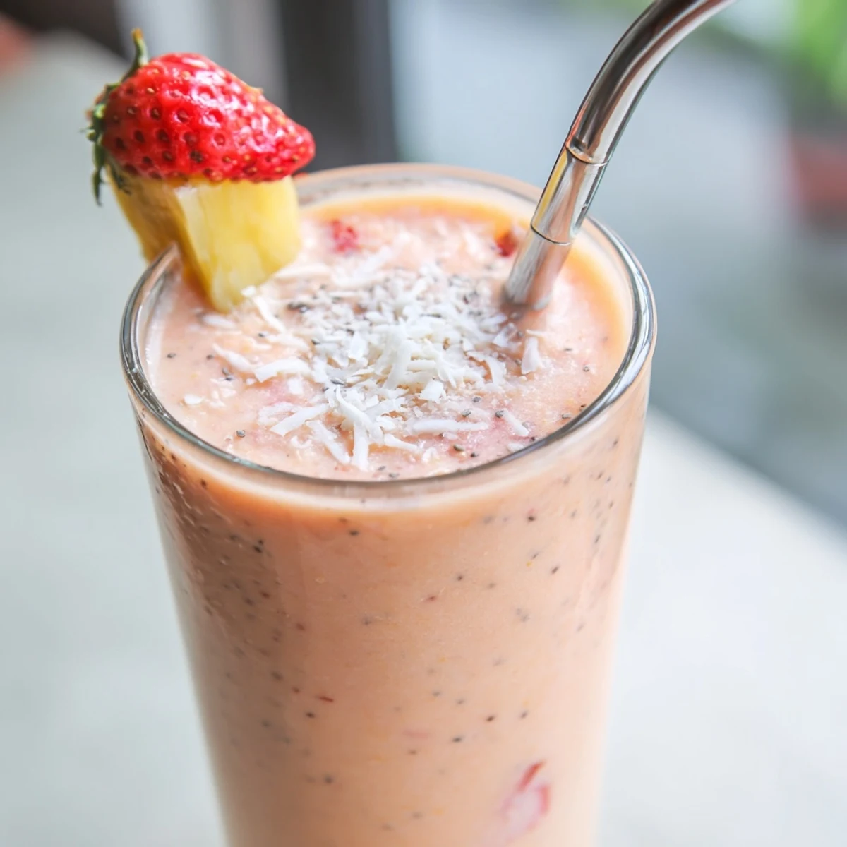 Creamy strawberry pineapple coconut smoothie garnished with fresh fruit in a tall glass