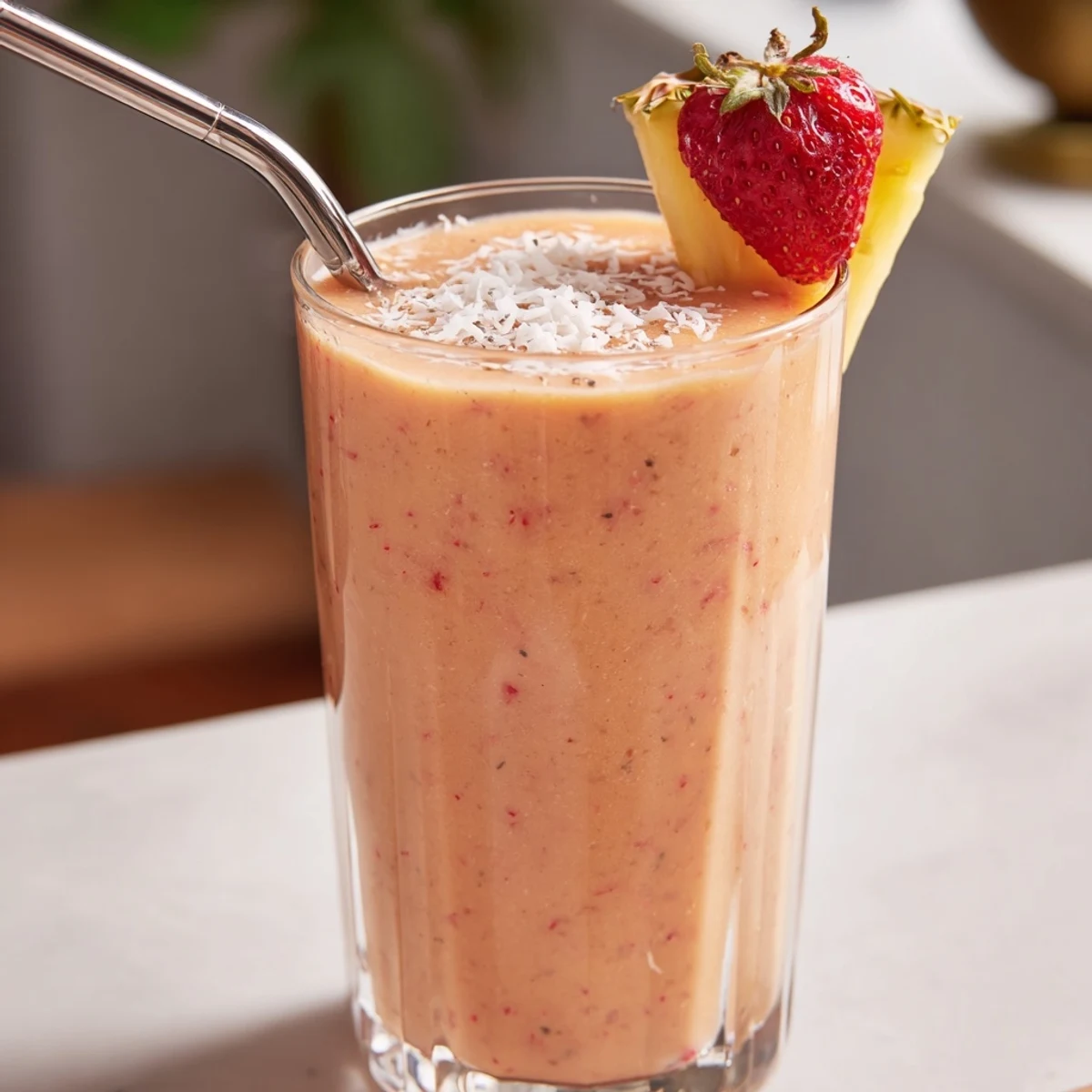 Thick tropical strawberry pineapple coconut smoothie poured into two mason jars on a wooden countertop