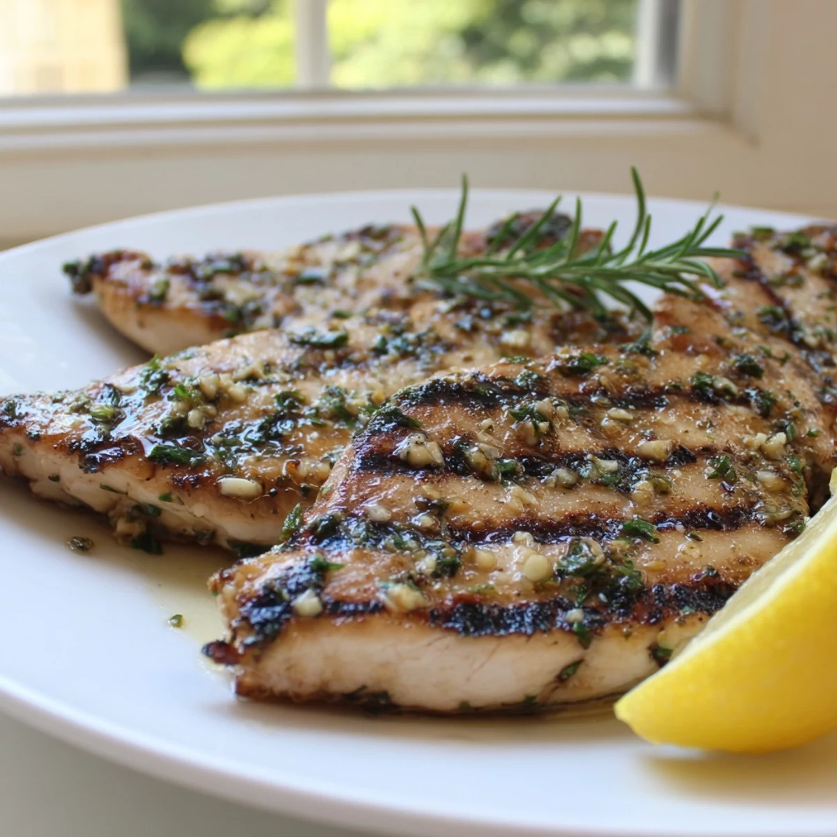 Golden grilled lemon garlic herb turkey cutlets with fresh herb garnish and char marks