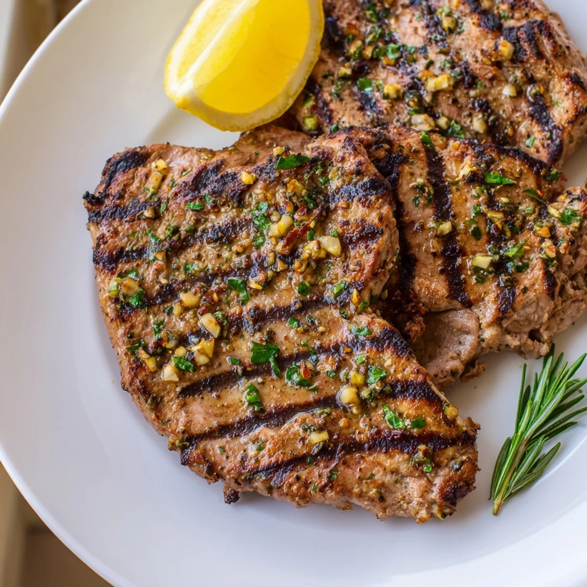 Juicy lemon garlic herb grilled turkey sliced on a platter with roasted vegetables