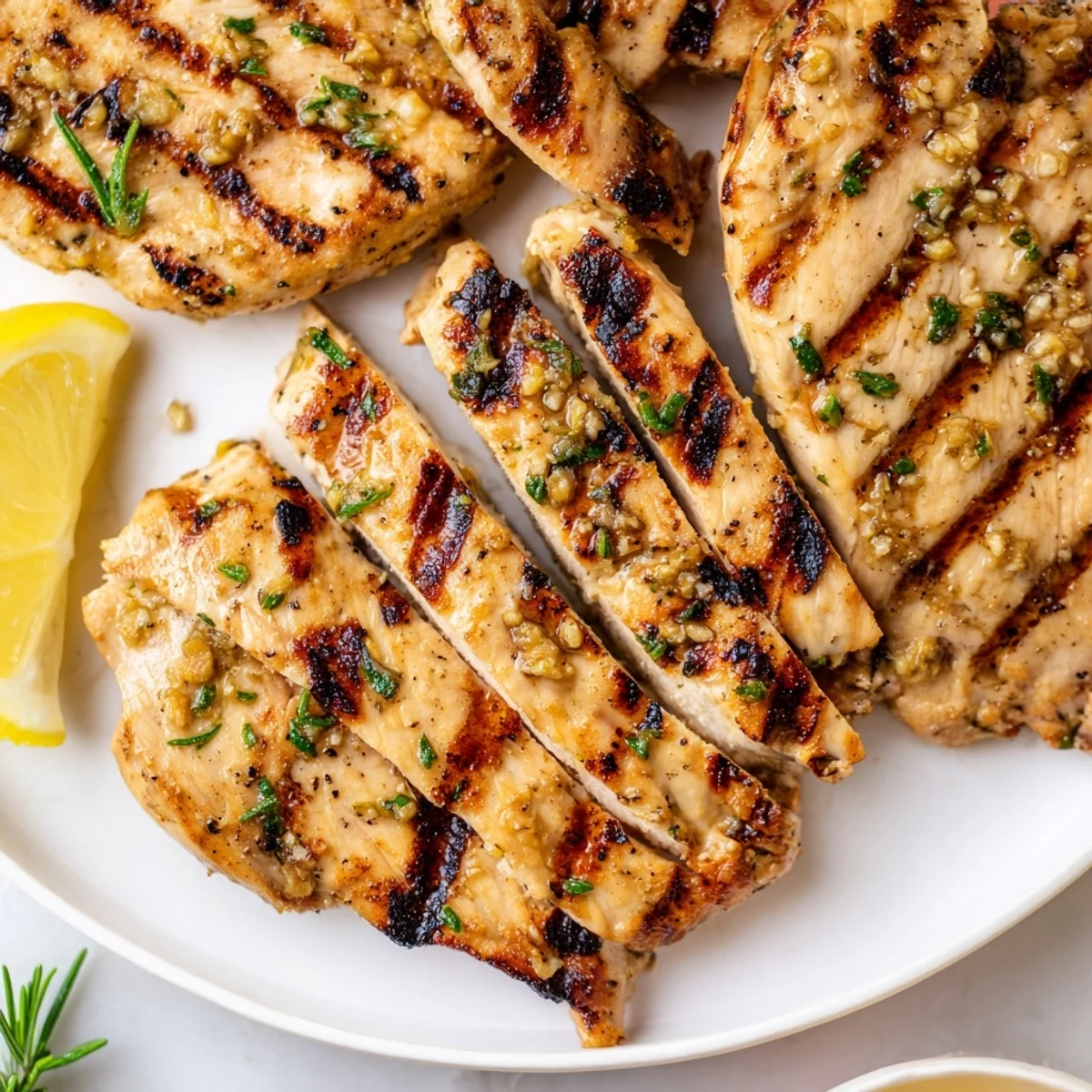 Perfectly charred lemon garlic herb grilled turkey breasts drizzled with pan juices and thyme