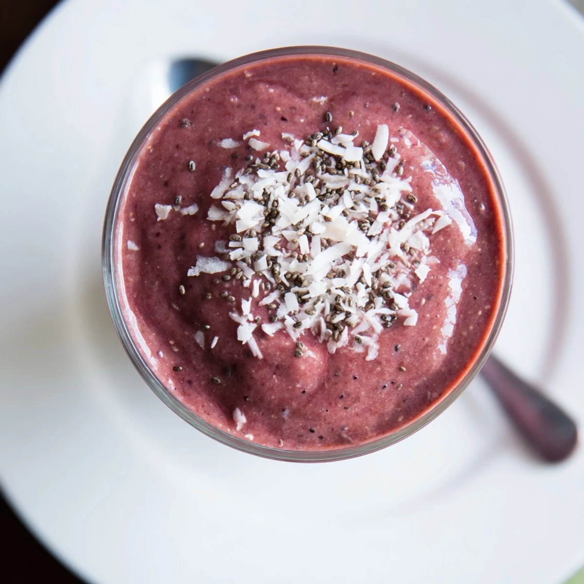 Creamy, ruby red Cherry Mango Coconut Smoothie in chilled glass, coconut garnish