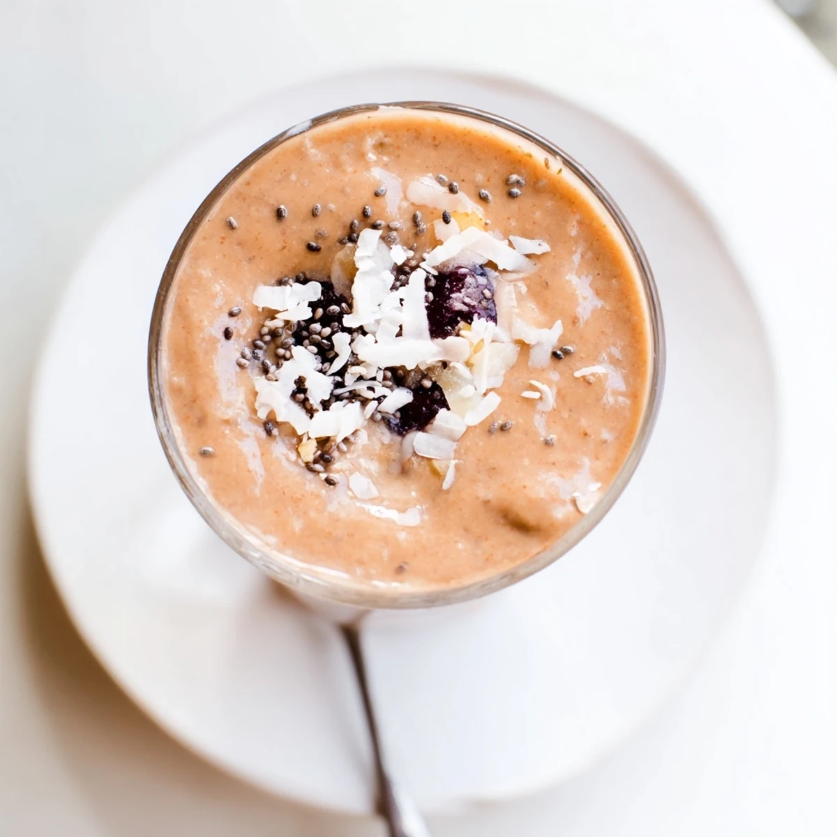 Velvety Cherry Mango Coconut Smoothie topped with chia seeds for tropical texture