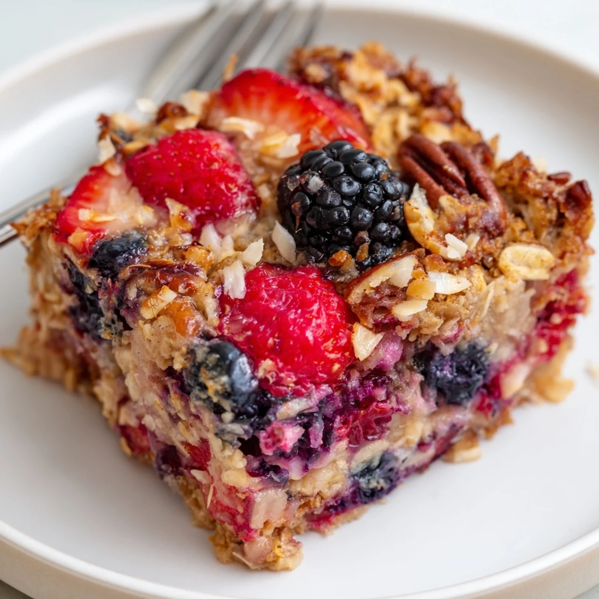 Warm Vanilla Berry Coconut Bake with golden crust, juicy berries and tropical aroma.