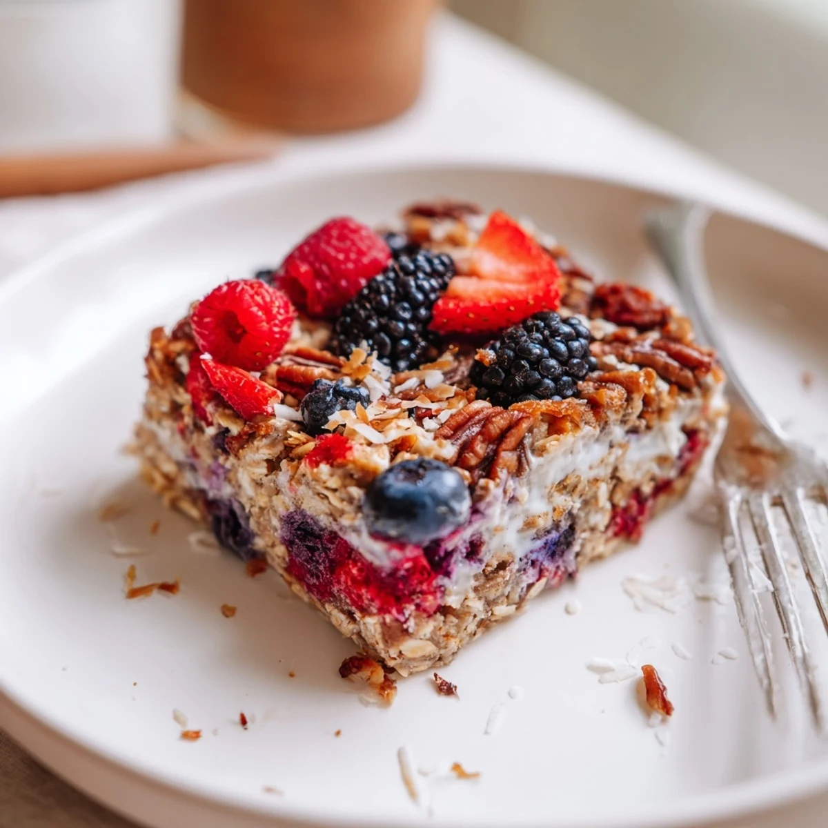 Fragrant Vanilla Berry Coconut Bake cooling in dish, chewy oats and shredded topping.