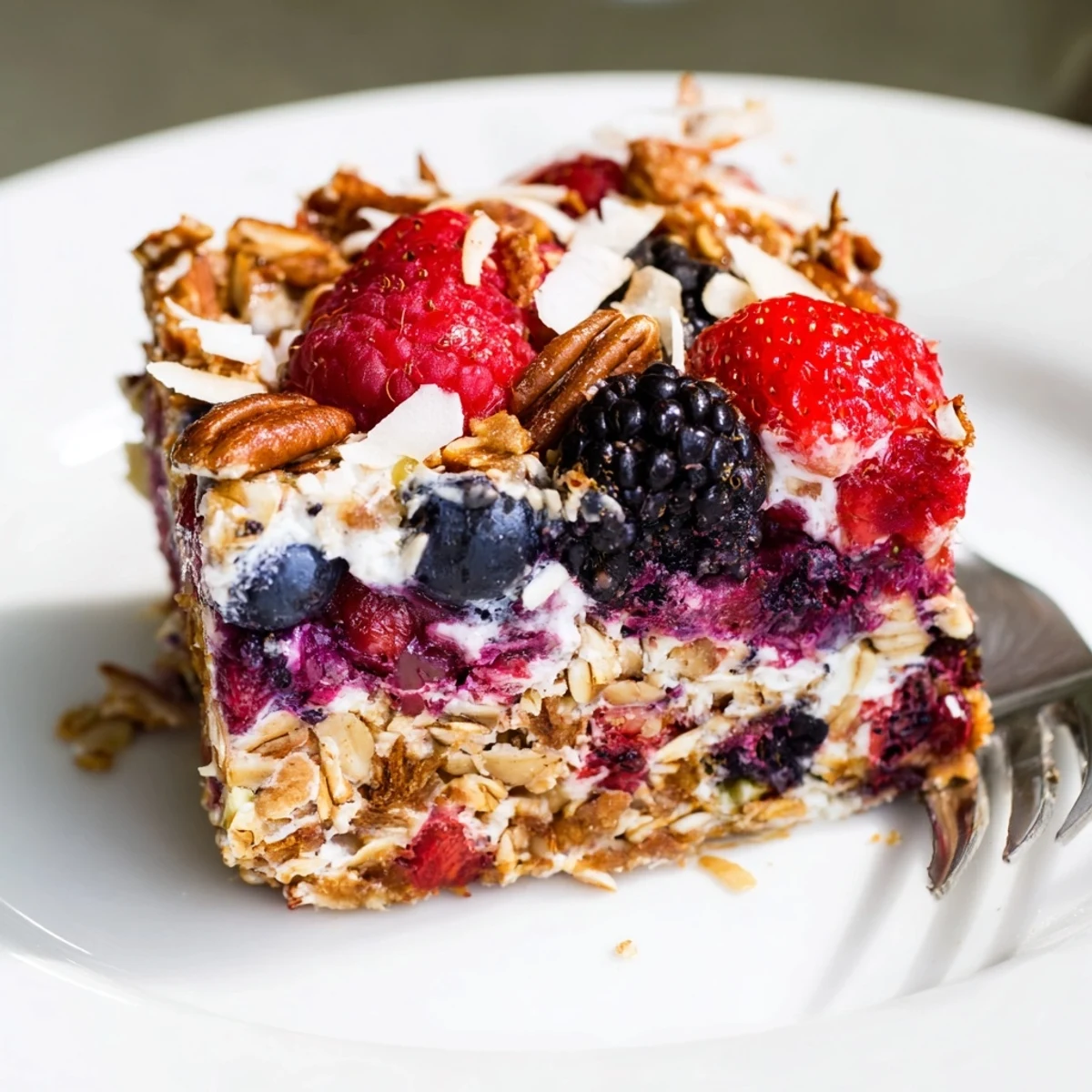 Sliced Vanilla Berry Coconut Bake, served warm with tangy Greek yogurt.