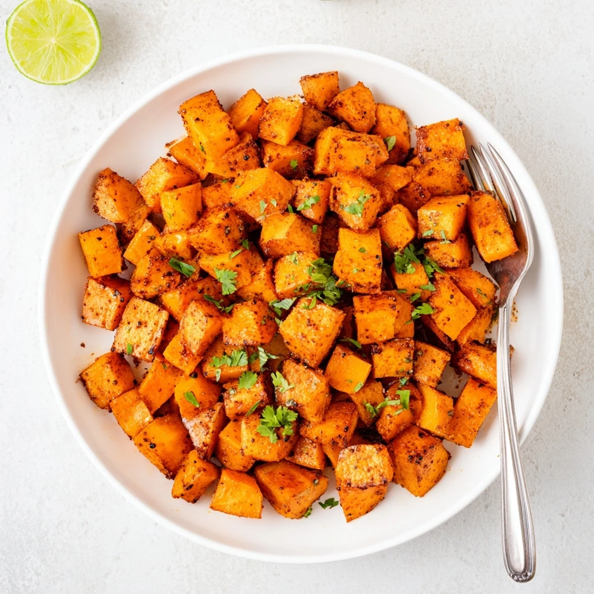 Smoky Roasted Sweet Potato Cubes crisped at edges, steaming, garnished with cilantro.  