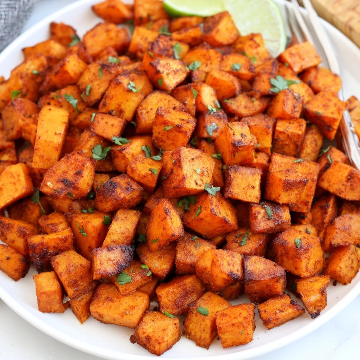 Sheet-pan Smoky Roasted Sweet Potato Cubes with garlic-paprika crust, squeeze lime.