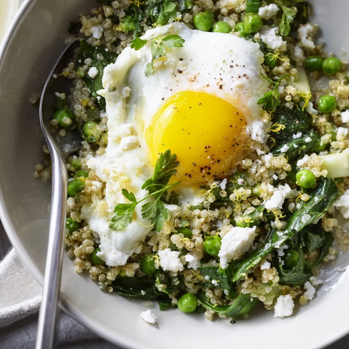 Topped with a runny fried egg, Savory Spinach and Pea Millet Breakfast Bowl