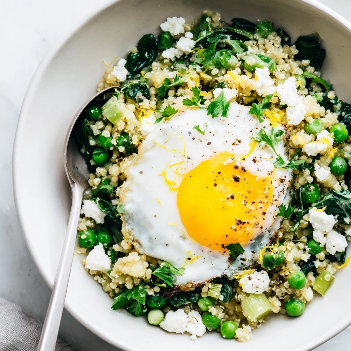 Savory Spinach and Pea Millet Breakfast Bowl with fluffy millet, tender spinach, sweet peas
