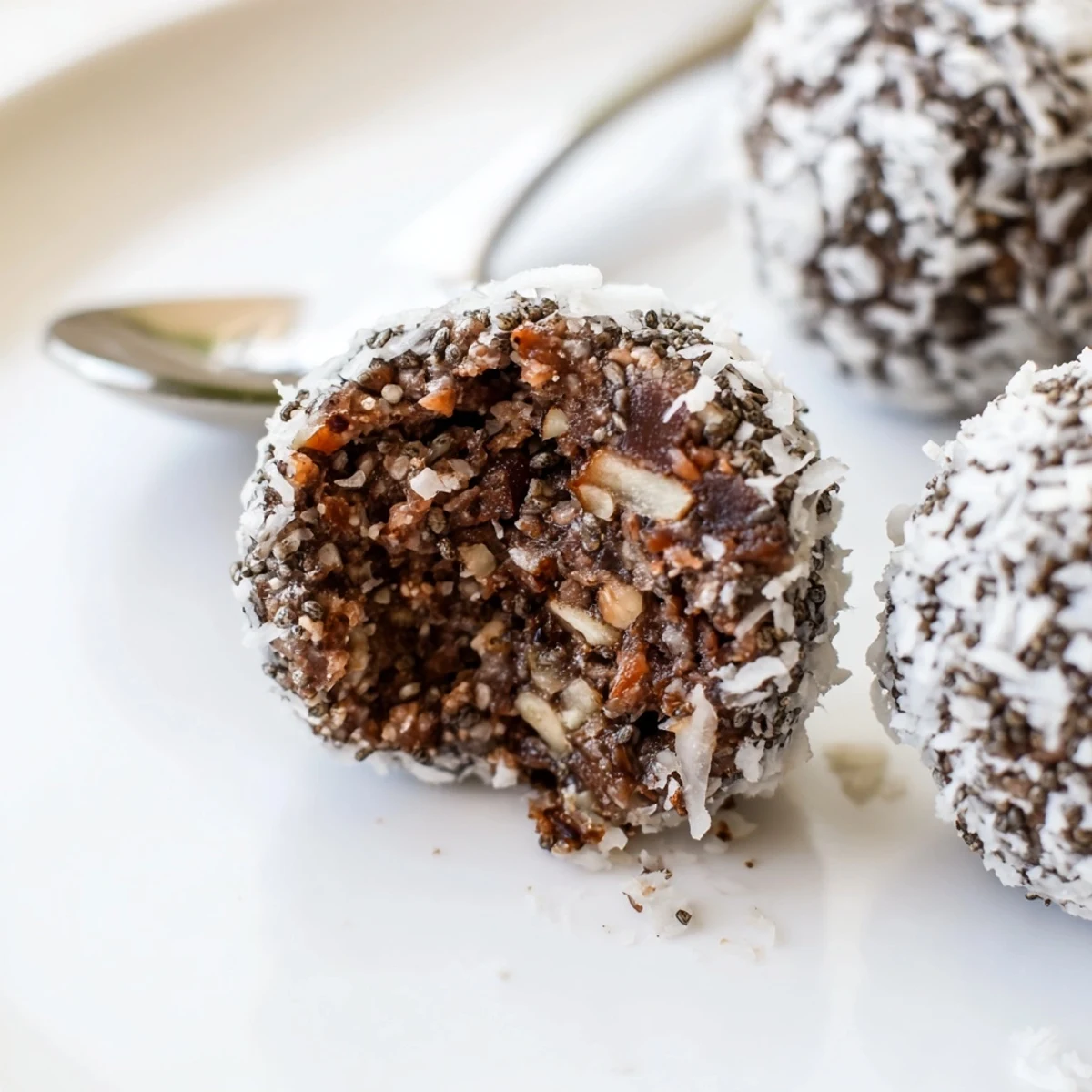 Cocoa Almond Coconut Chia Treat chilled on parchment, coconut-dusted, ready to snack