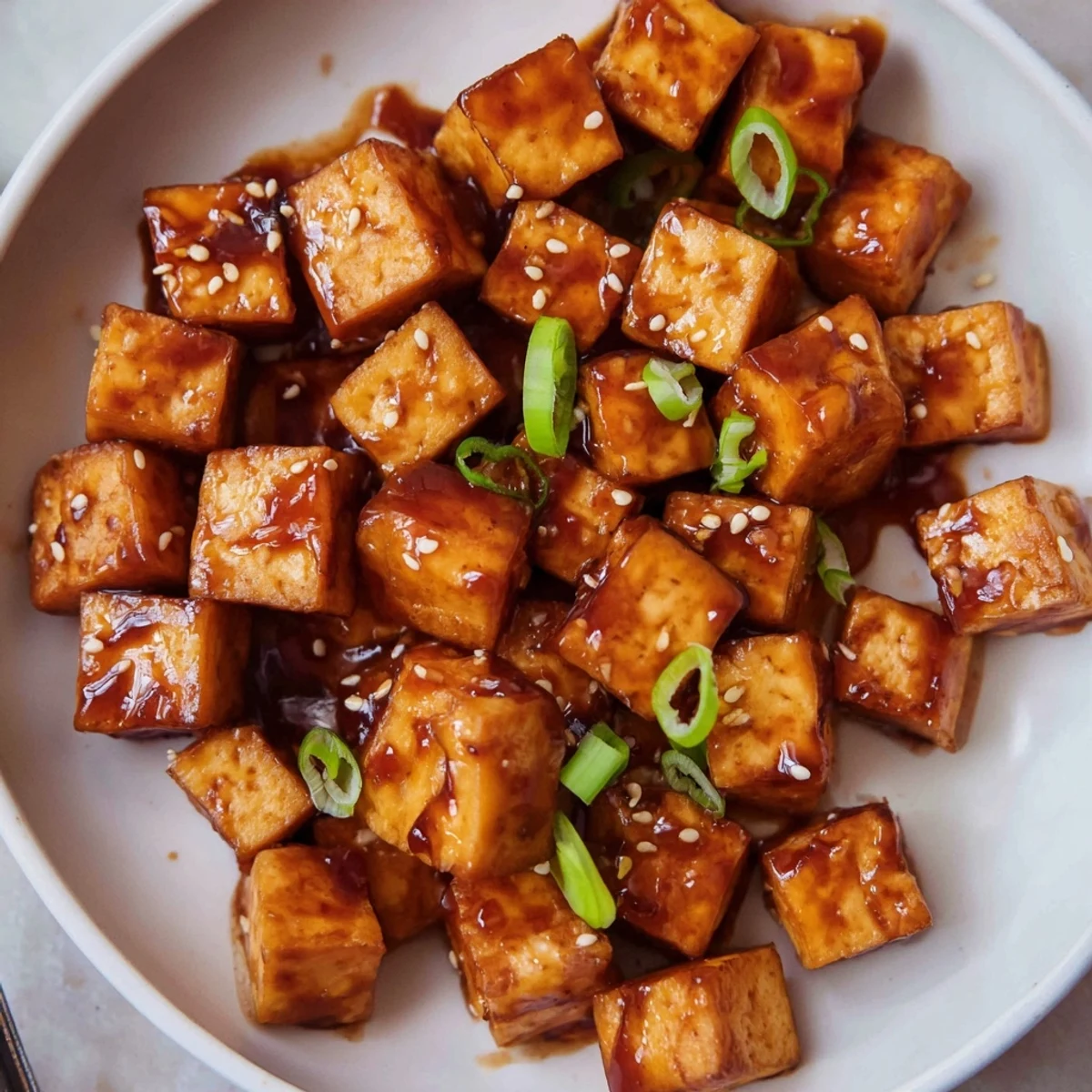 Crispy Chili Maple Tofu Bites glazed, golden cubes piled on white serving plate