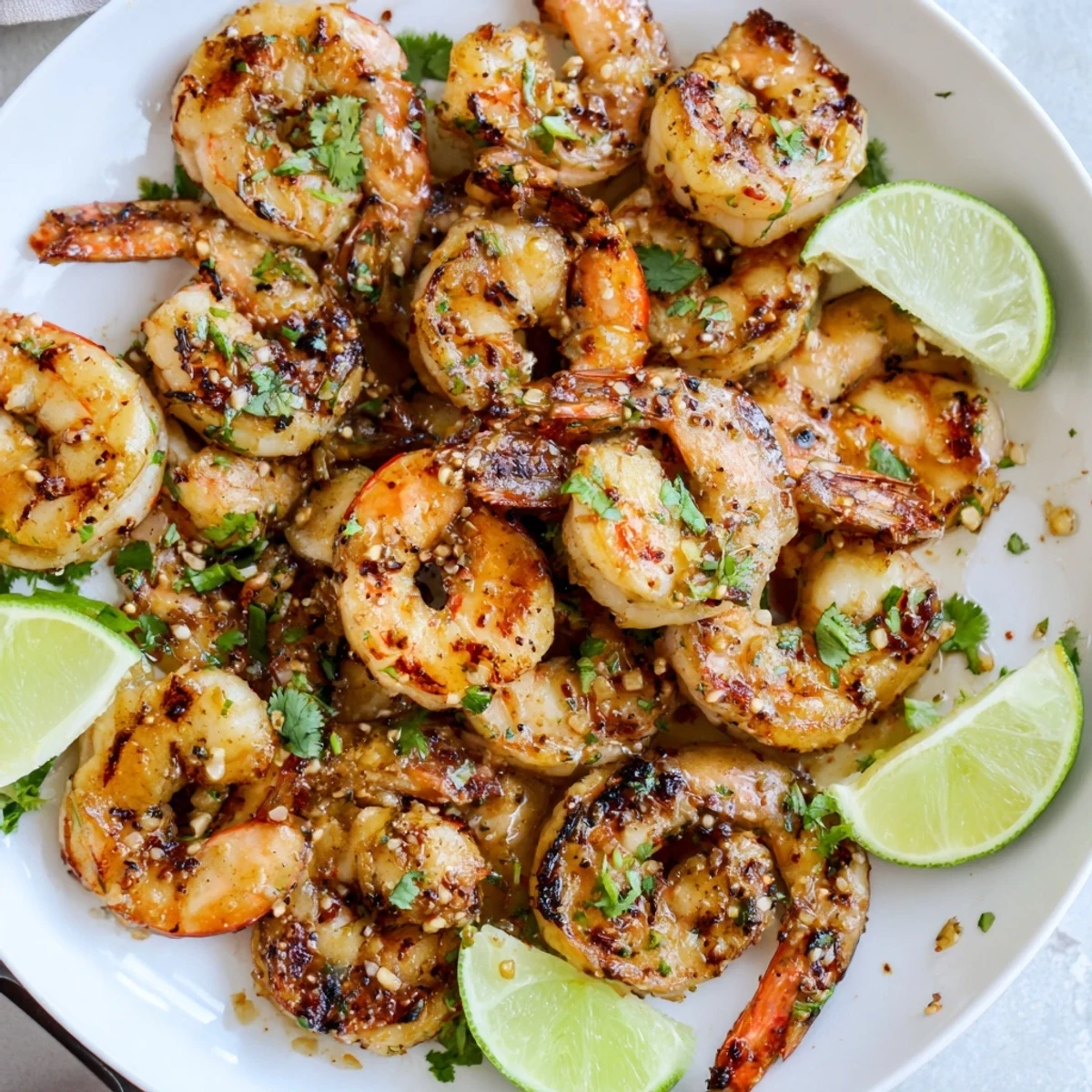 Pan seared Garlic Lime Grilled Shrimp Skillet served over fluffy rice, lime wedge