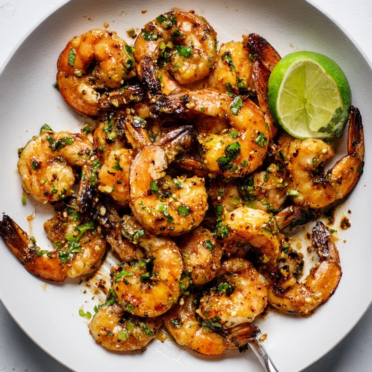 Smoky, garlicky pan aroma for Garlic Lime Grilled Shrimp Skillet, cilantro garnish