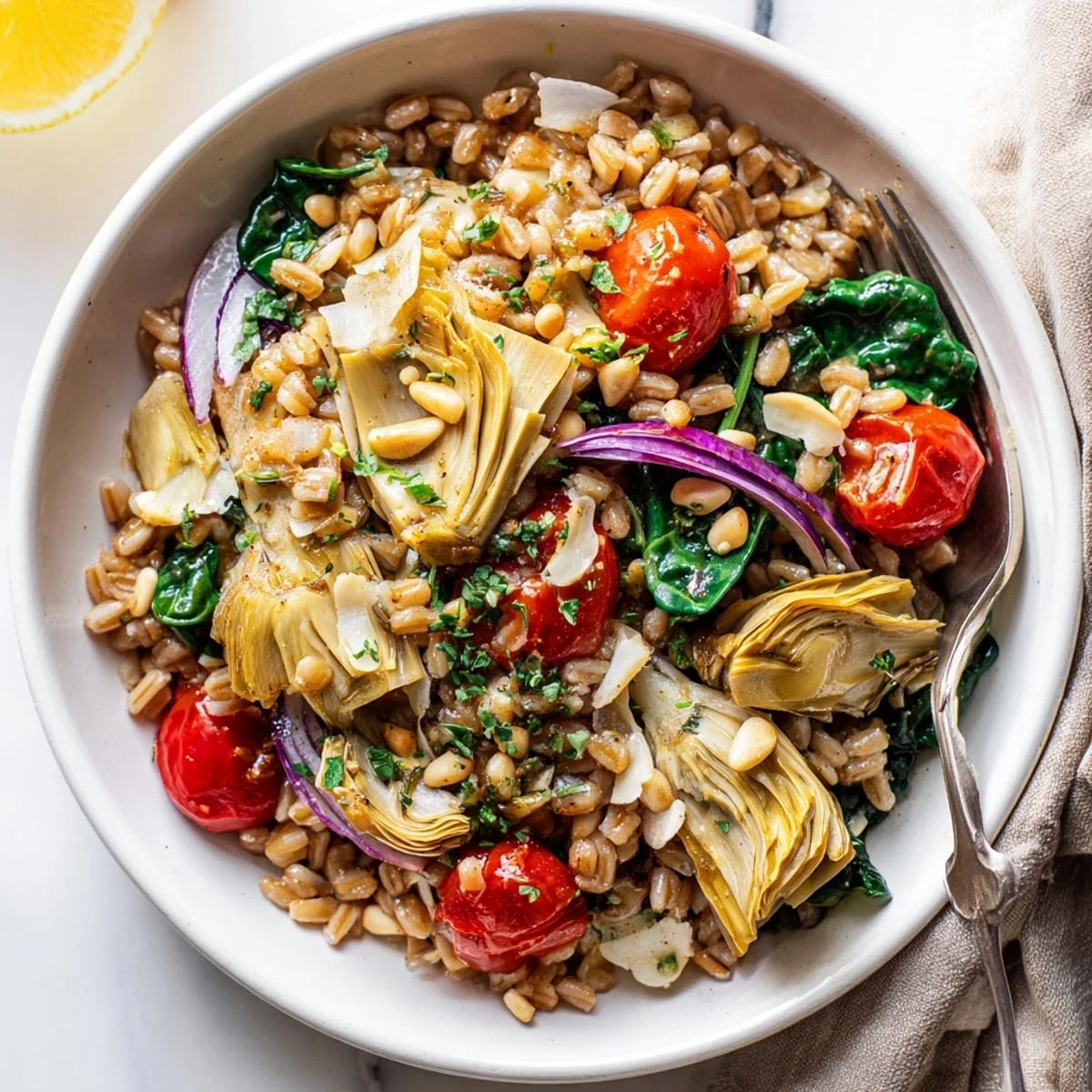 Warm Farro and Roasted Artichoke Salad plated with toasted pine nuts and Parmesan