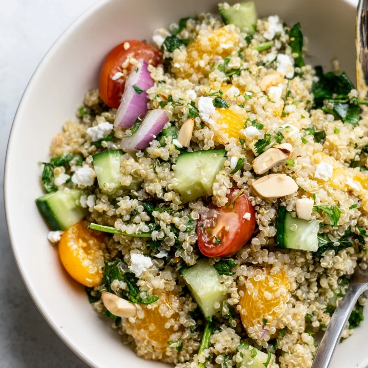 Fluffy Citrus Herb Quinoa and Spinach Bowl with bright orange segments and herbs