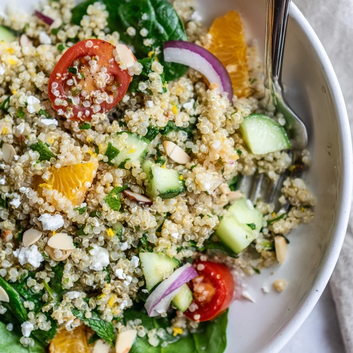 A chilled Citrus Herb Quinoa and Spinach Bowl tossed in lemony dressing