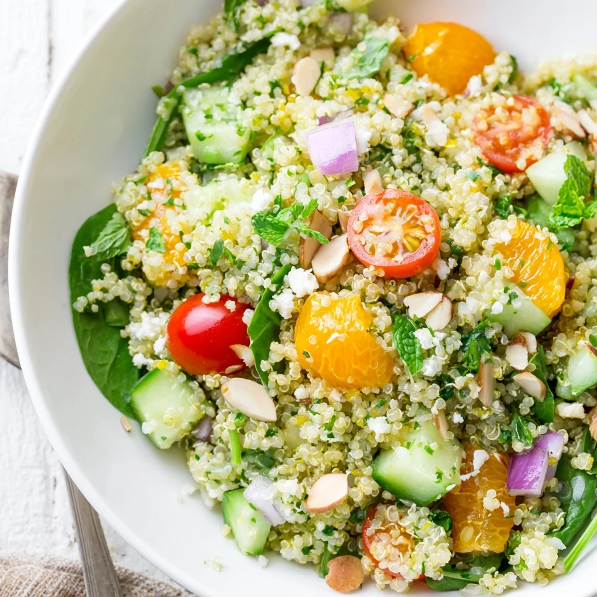Warm Citrus Herb Quinoa and Spinach Bowl topped with toasted almonds, feta
