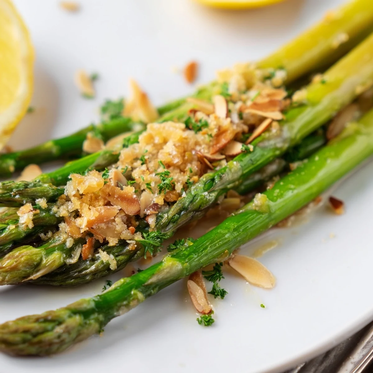 A platter of Roasted Asparagus With Lemon Almond Crumble, buttery toasted almonds