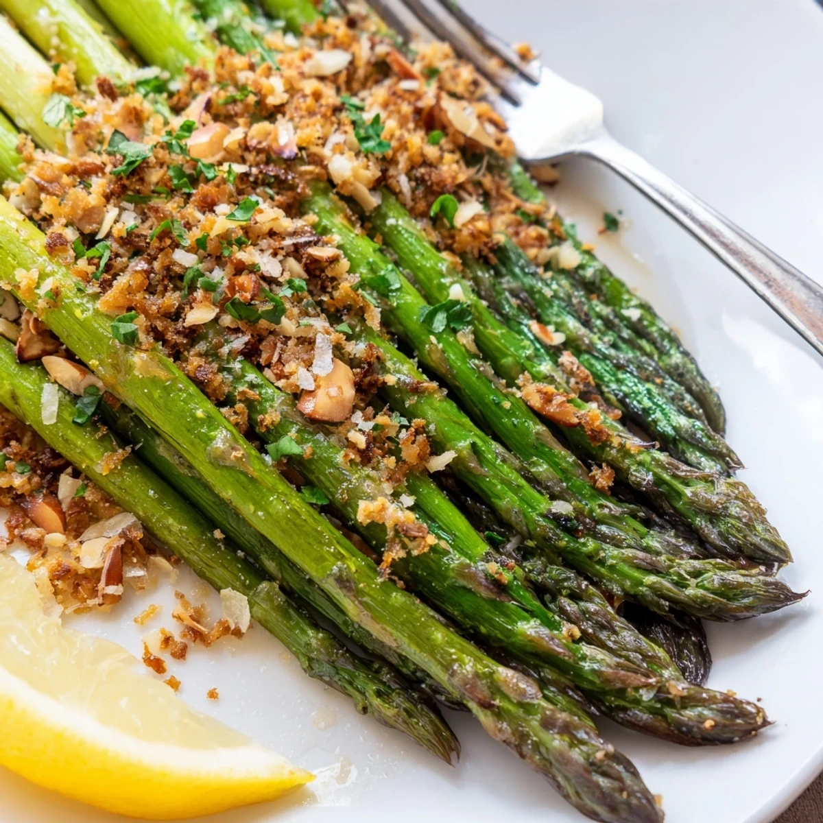 Roasted Asparagus With Lemon Almond Crumble, charred tips and zesty crunchy topping