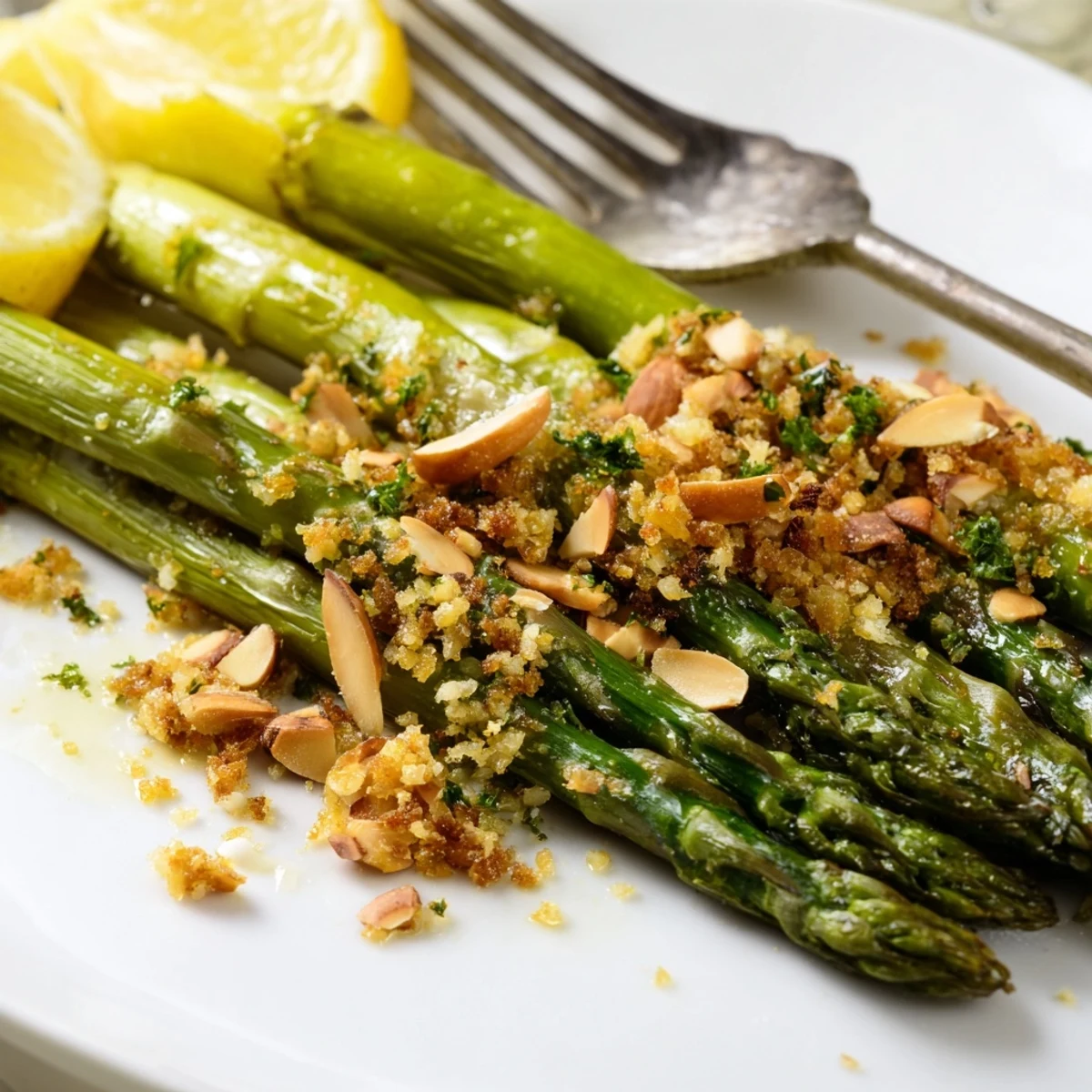 Freshly plated Roasted Asparagus With Lemon Almond Crumble, warm citrus and crunch