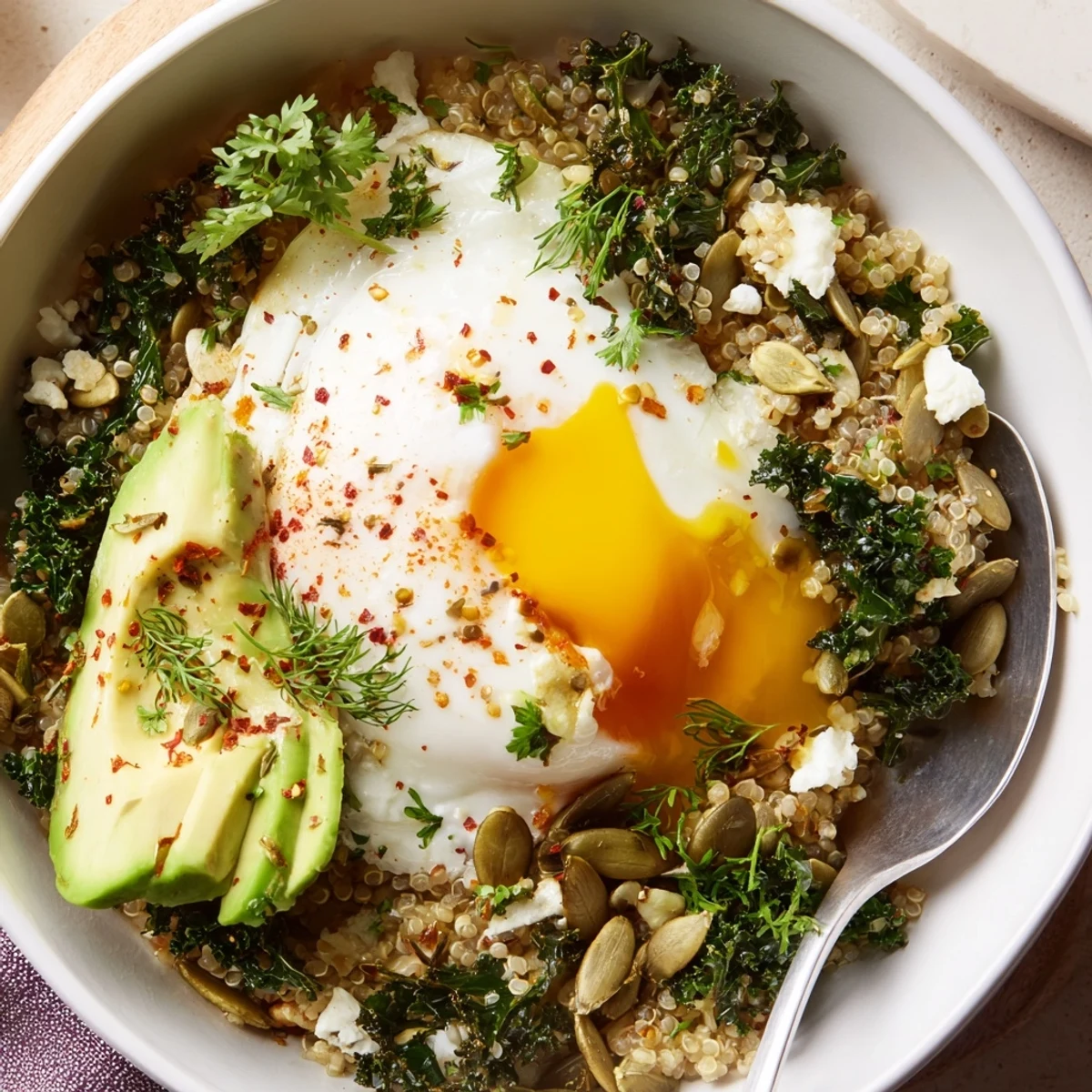 Savory Kale and Herb Quinoa Breakfast Bowl with runny egg and avocado