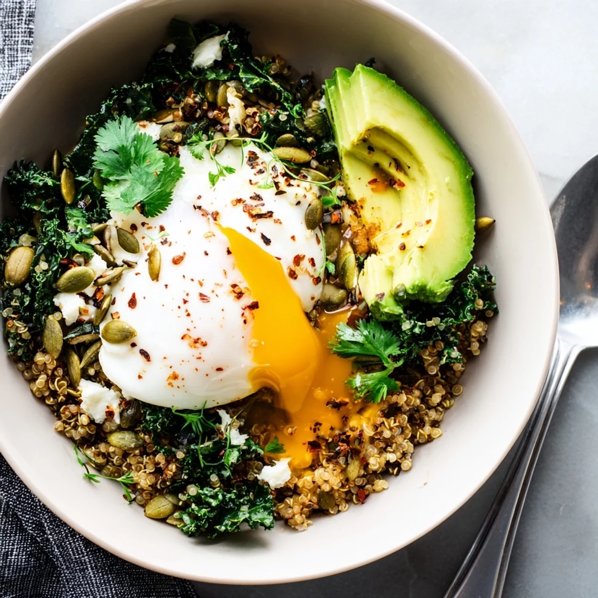 A hearty Savory Kale and Herb Quinoa Breakfast Bowl topped with toasted pumpkin seeds
