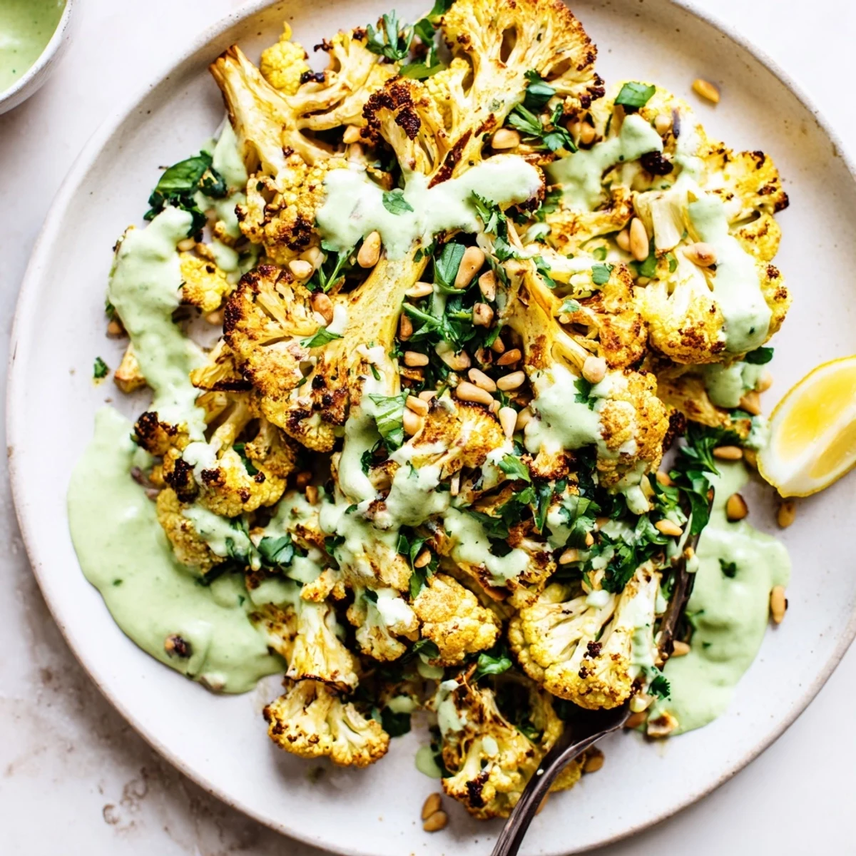 Roasted Cauliflower With Green Tahini glistening, golden florets drizzled with herb sauce  